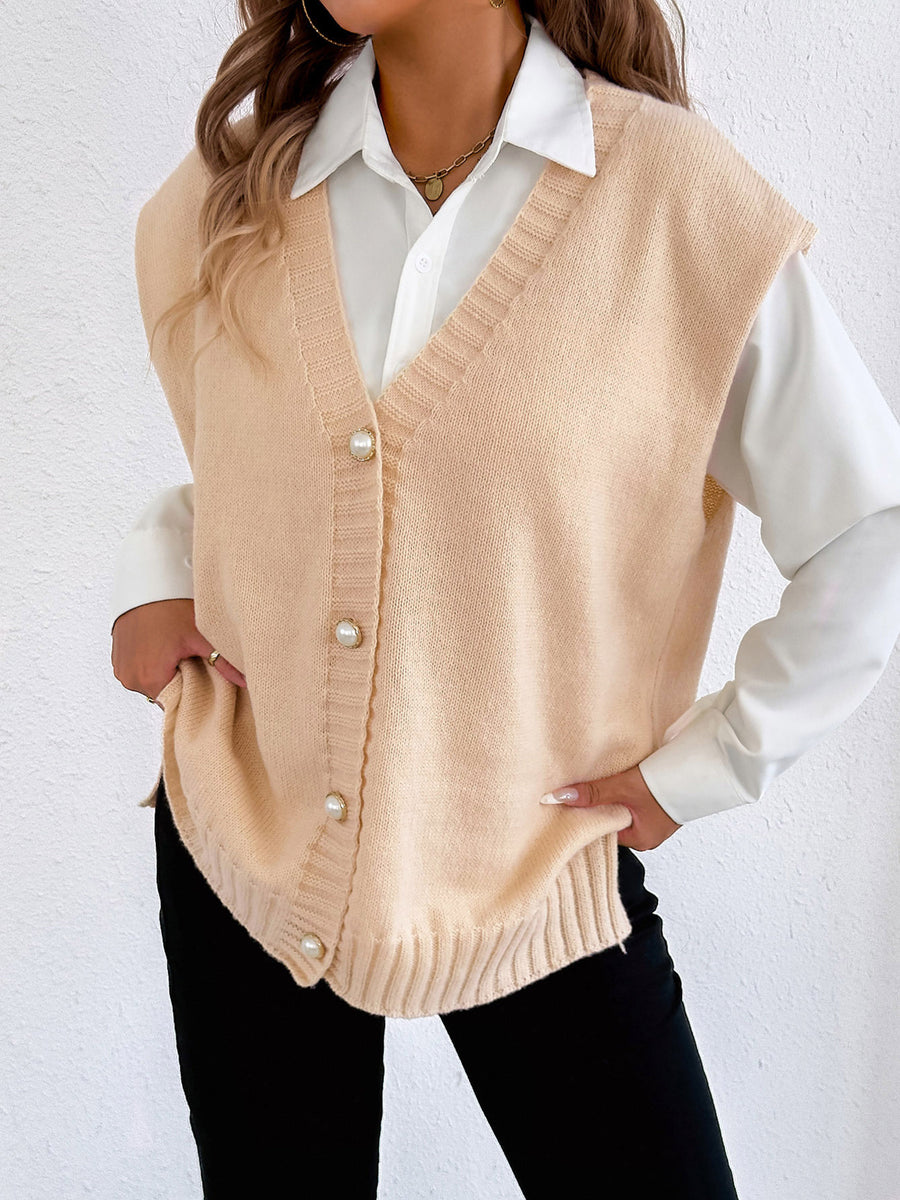 Military Green sweater vest with hip-length and button-front