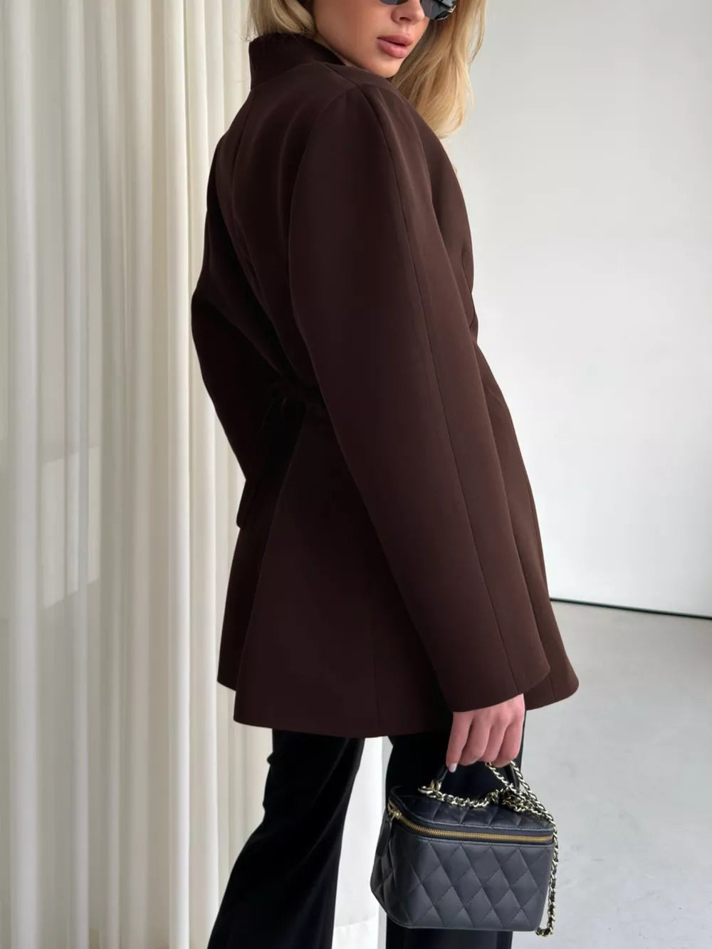 One Button Long Sleeve Blazer in Brown with one-button closure