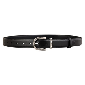 Black cowhide leather skinny belt with brushed silver buckle