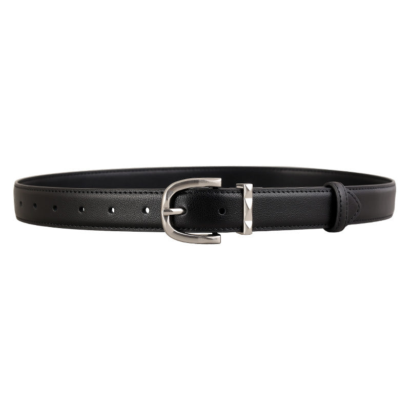 Black cowhide leather skinny belt with brushed silver buckle