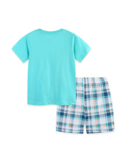 Toddler boys' turquoise cotton t-shirt and plaid shorts set