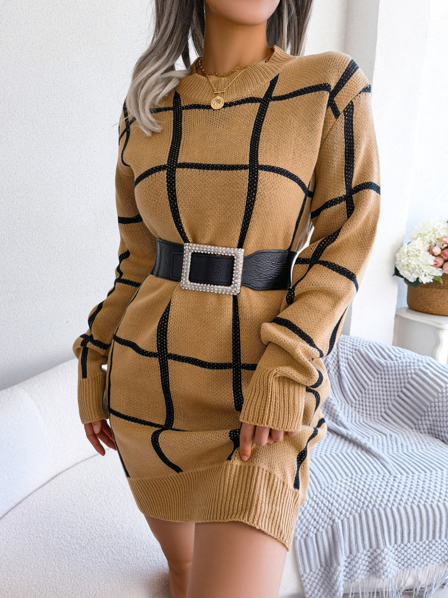 100% polyester Care instructions: Machine wash cold sweater dress in camel with relaxed silhouette