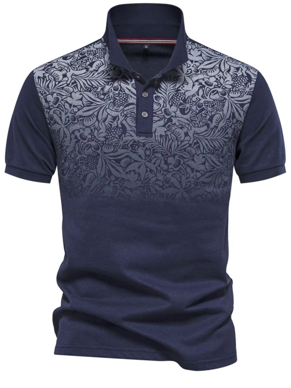 Navy polo shirt with floral ombre pattern on chest and sleeves, short sleeves, button neck.