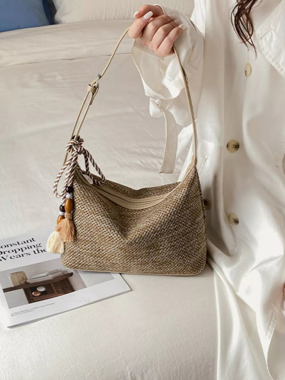 Woven Small Shoulder Bag With Tassel in Sky Blue with tassel detail