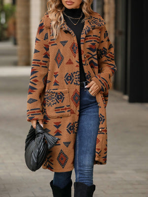 Caramel Aztec print teddy longline coat with pockets and button closure.