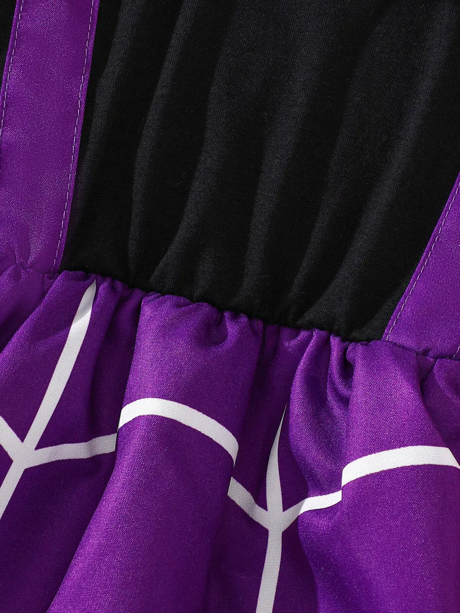 dress in purple with spiderweb and ruffled