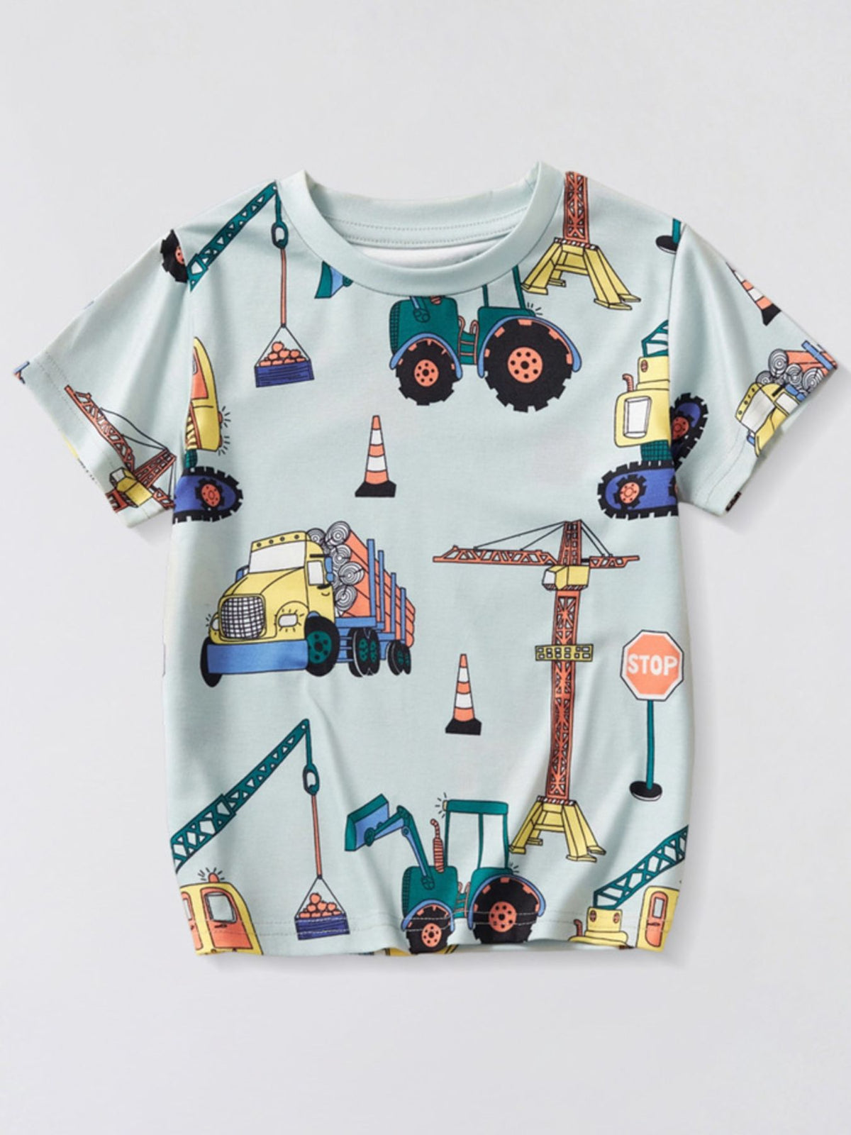 Light blue crew neck t-shirt with allover construction vehicle print