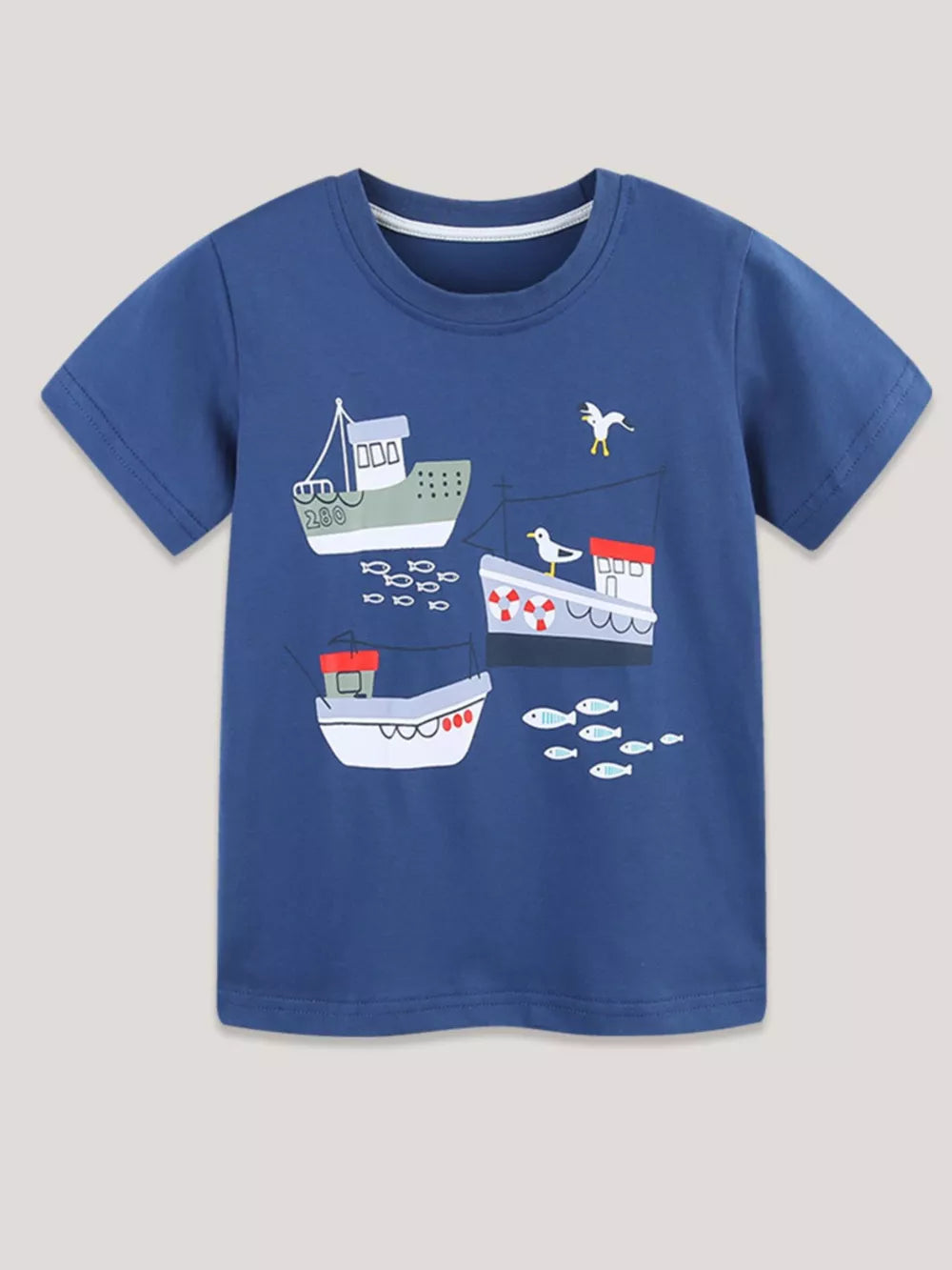 Blue cotton crew neck t-shirt with a nautical boat and fish print for babies.