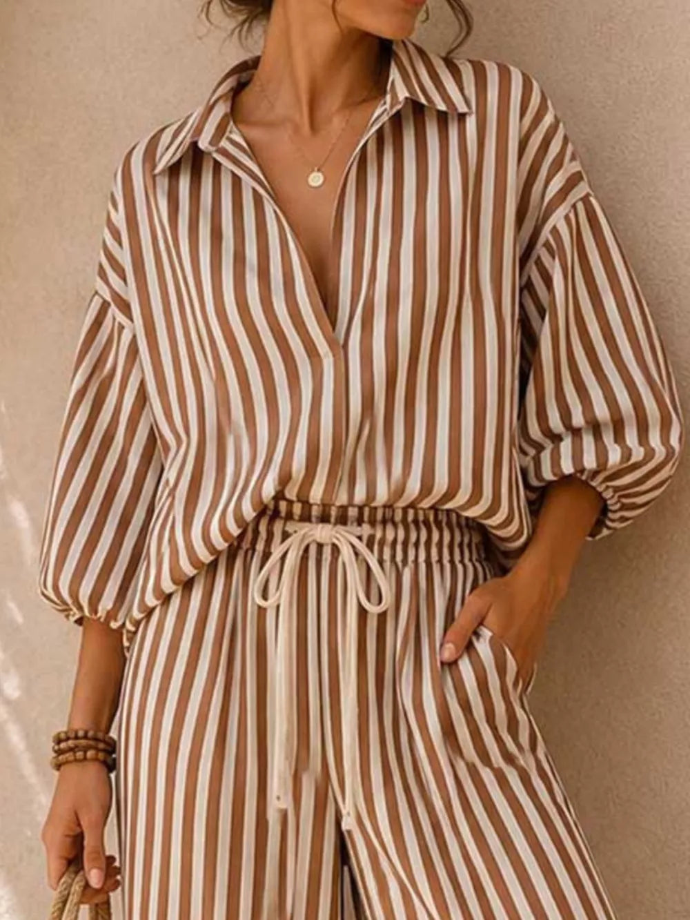 Black Striped Puff Sleeve Shirt And Wide-leg Pants Set