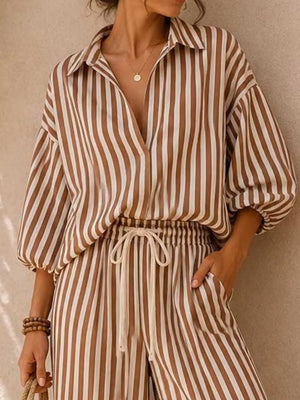 Black Striped Puff Sleeve Shirt And Wide-leg Pants Set