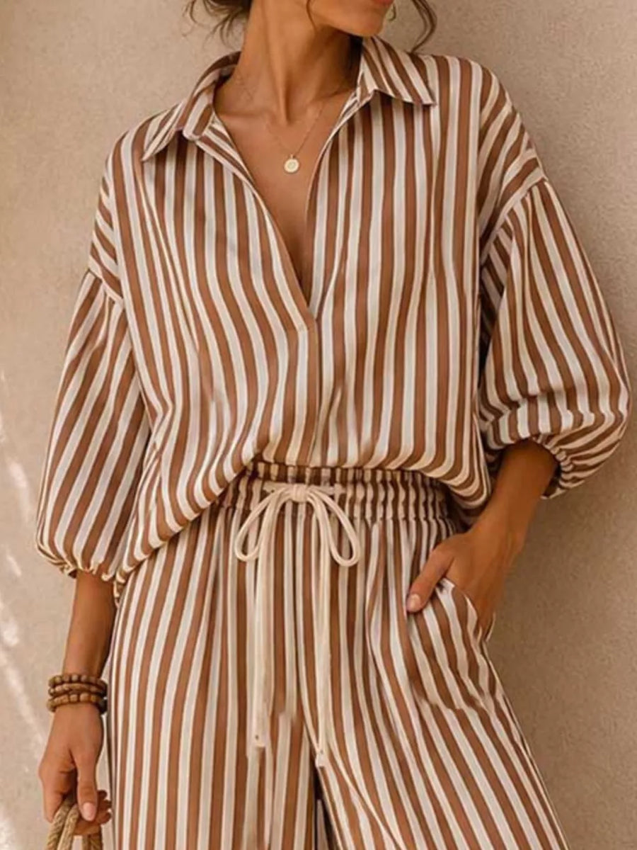 Black Striped Puff Sleeve Shirt And Wide-leg Pants Set