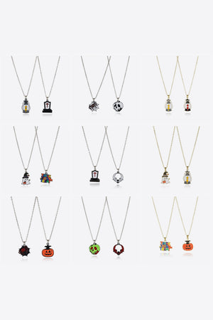 Spooky Season Enamel Pendant Set necklaces with Halloween charms like pumpkins, ghosts, and skulls.