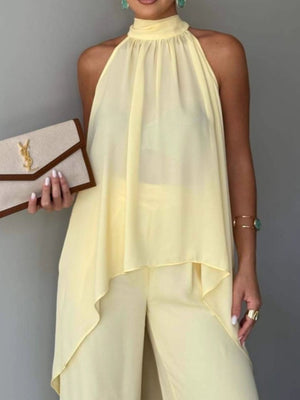 Light Blue two-piece set with hip-length, tunic-length top with full-length pants and pullover, elastic