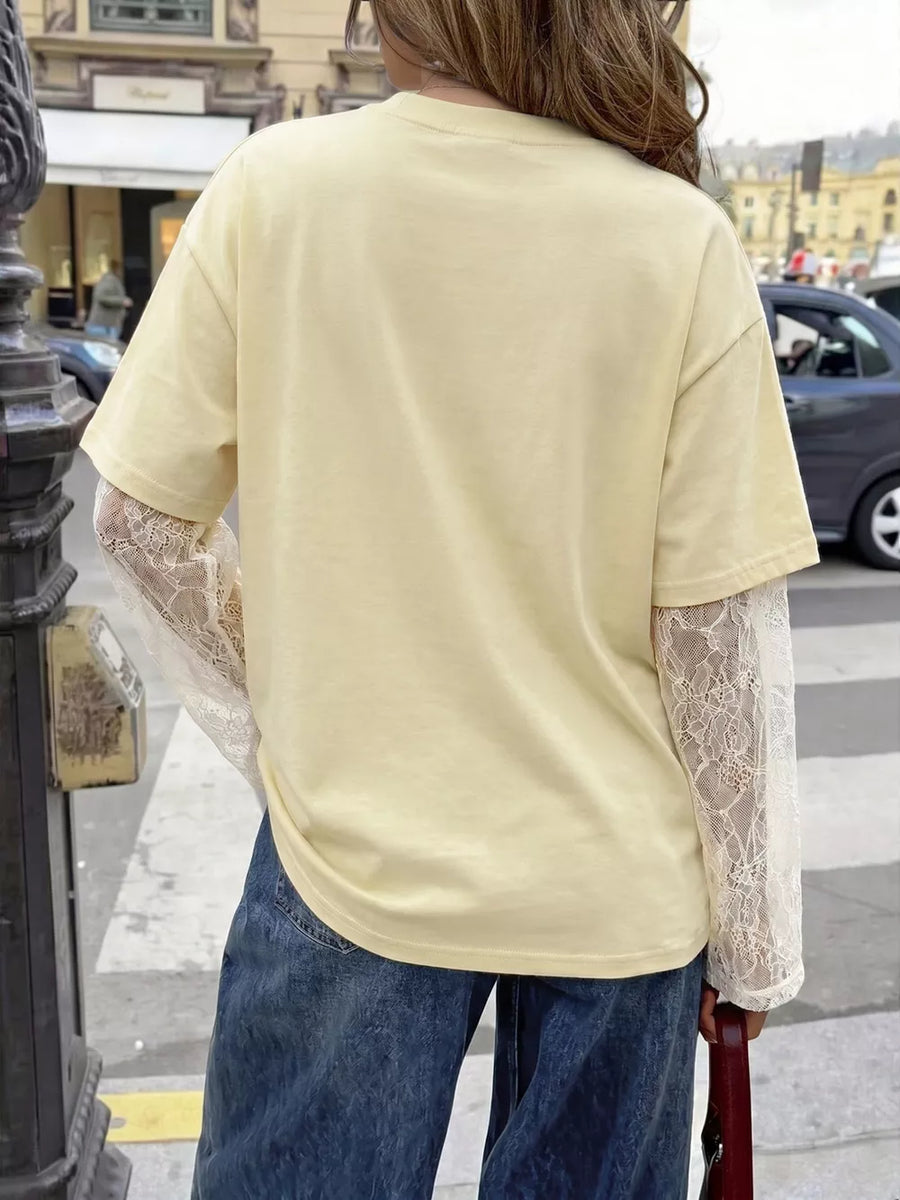 Lace Sleeve Round Neck T-shirt option 5