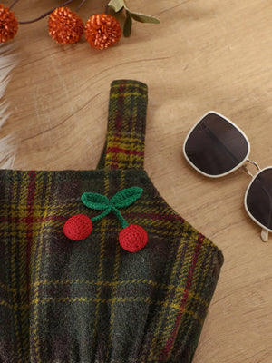 Girls' plaid dress with cherry applique, multicolor cotton blend, autumn style