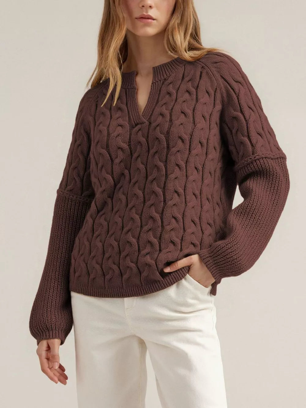 burgundy pullover sweater with cable knit and v-neck