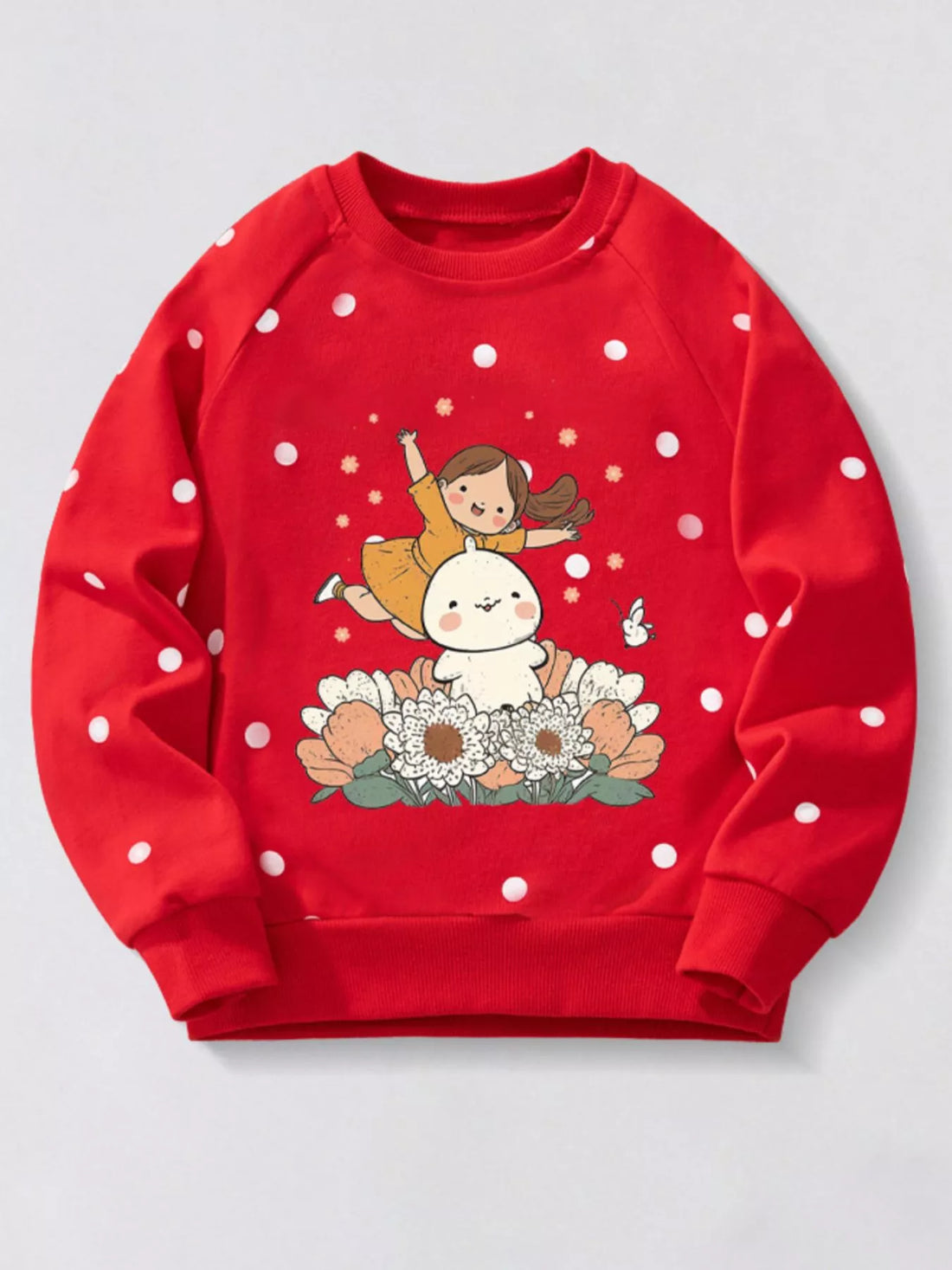 Red polka dot kids sweatshirt with cartoon girl and bunny graphic