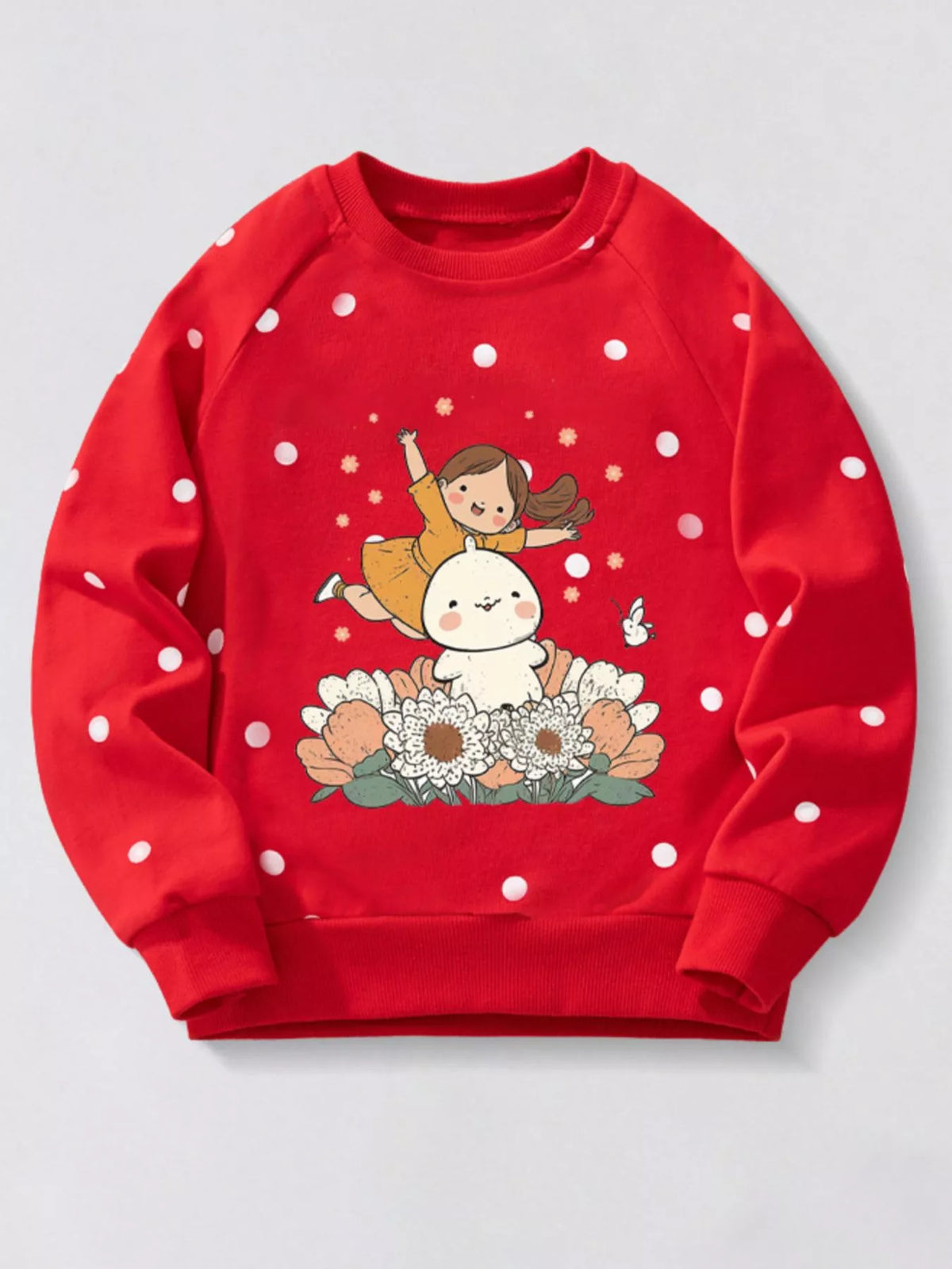 Red polka dot kids sweatshirt with cartoon girl and bunny graphic