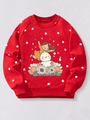 Red polka dot kids sweatshirt with cartoon girl and bunny graphic