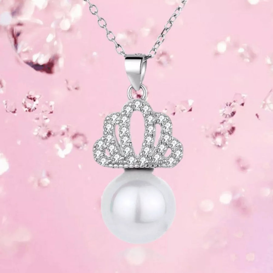 Crown Pearl Pendant Necklace 925 Sterling Silver in silver with pearl pendant