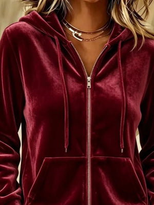 Full Size Velvet Zip-up Hoodie Plus Size in Caramel with drawstring