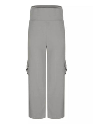 Gray pocketed high-waisted yoga pants with a flared silhouette