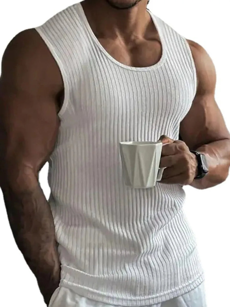 White ribbed athletic fit tank top with a scoop neckline.