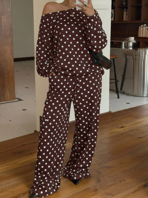 White pajama set featuring oversized and polka dot