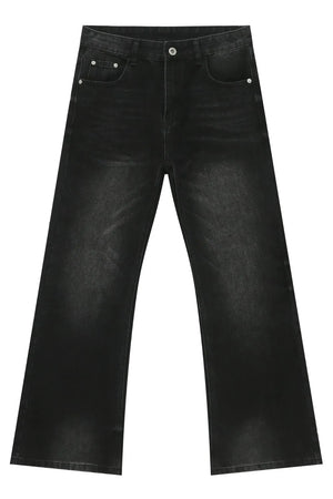 Dark wash denim trousers with exaggerated flare, 70s style.