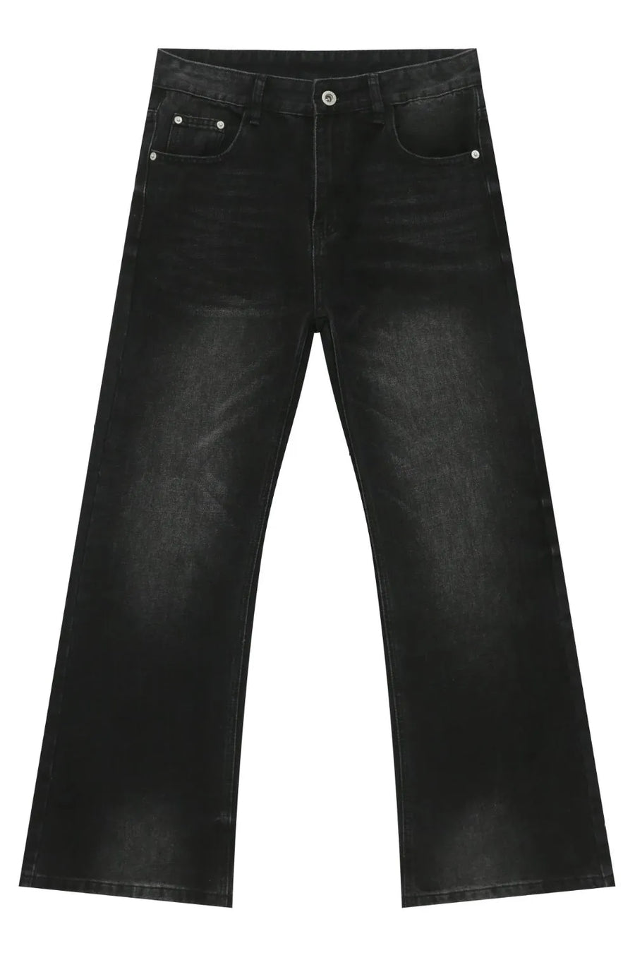 Dark wash denim trousers with exaggerated flare, 70s style.