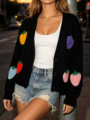 Black Full Size Fruit Applique Knit Cardigan