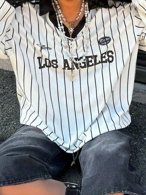 Los Angeles striped long-sleeve t-shirt with a black collar and "Los Angeles" graphic.