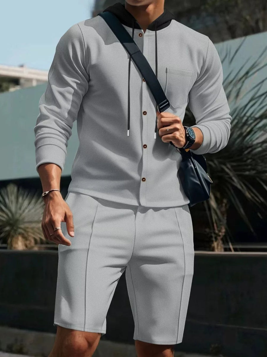 Men's Casual Hooded Button-up Shirt And Shorts Set option 18