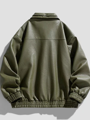Green faux leather bomber jacket with elastic cuffs and hem