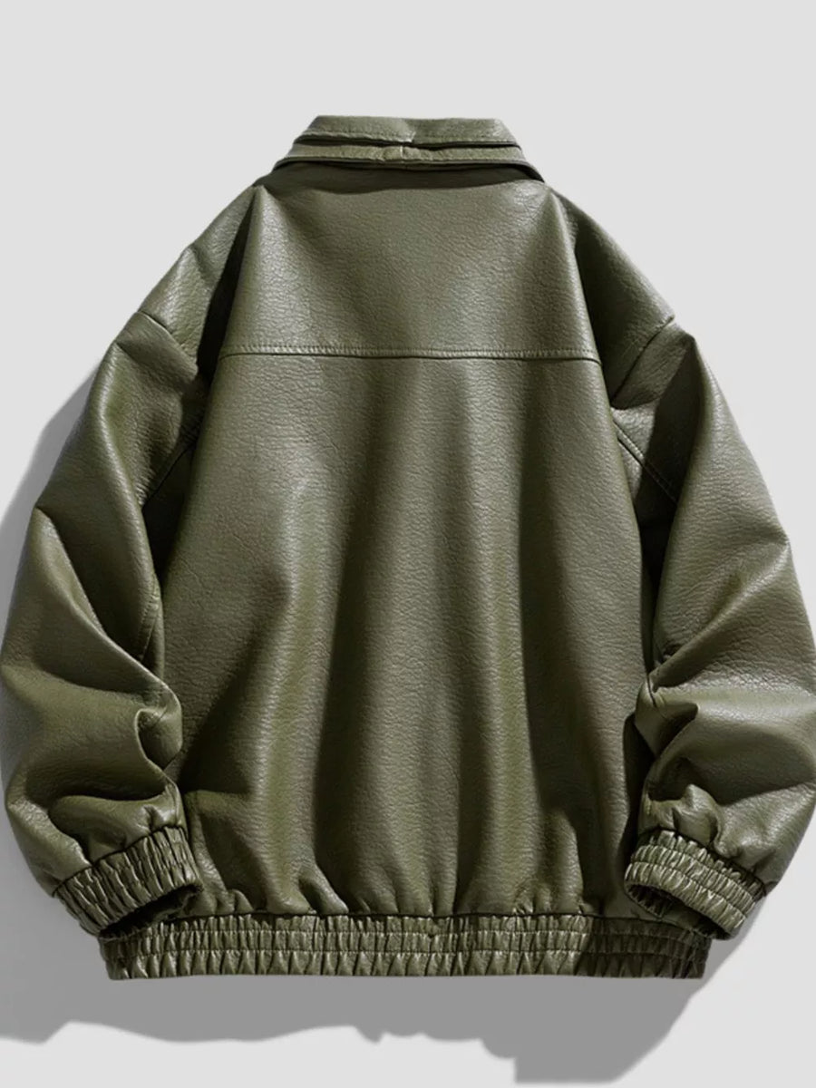 Green faux leather bomber jacket with elastic cuffs and hem