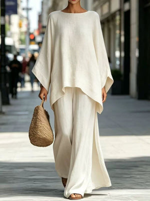 two-piece set in cream featuring batwing sleeve and loose fit