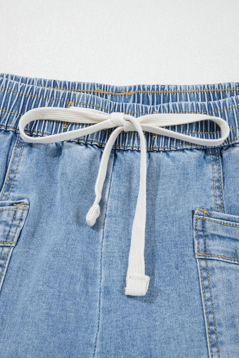 Drawstring Waist Wide Leg Ankle Jeans in Light Blue with drawstring waist
