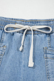Drawstring Waist Wide Leg Ankle Jeans in Light Blue with drawstring waist