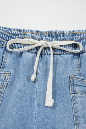 Drawstring Waist Wide Leg Ankle Jeans in Light Blue with drawstring waist