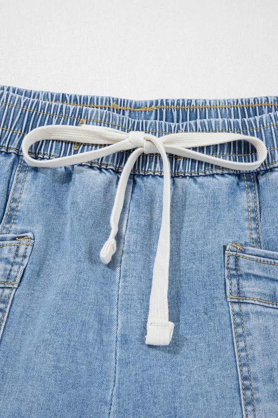 Drawstring Waist Wide Leg Ankle Jeans in Light Blue with drawstring waist
