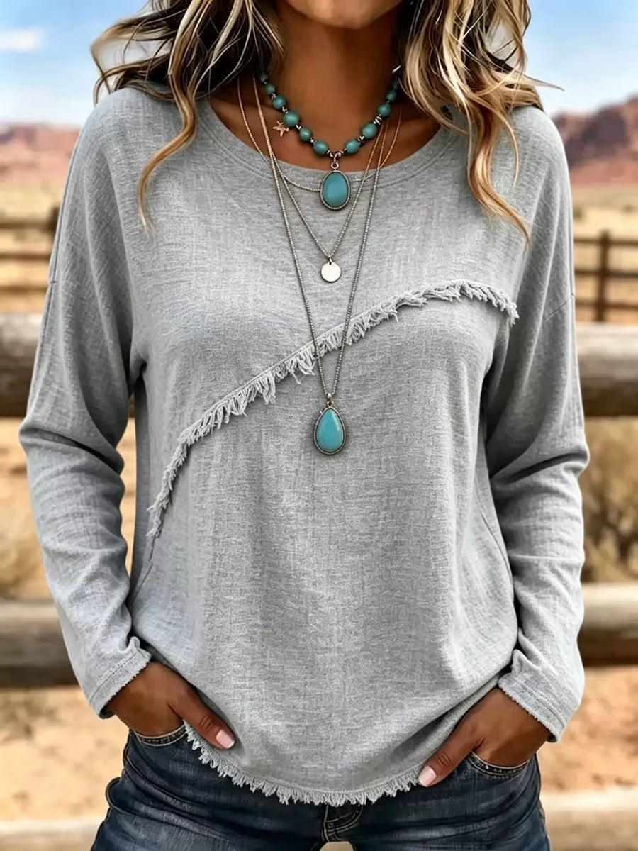 Light Blue Full Size Fringe Detail Long Sleeve T-shirt Plus Size