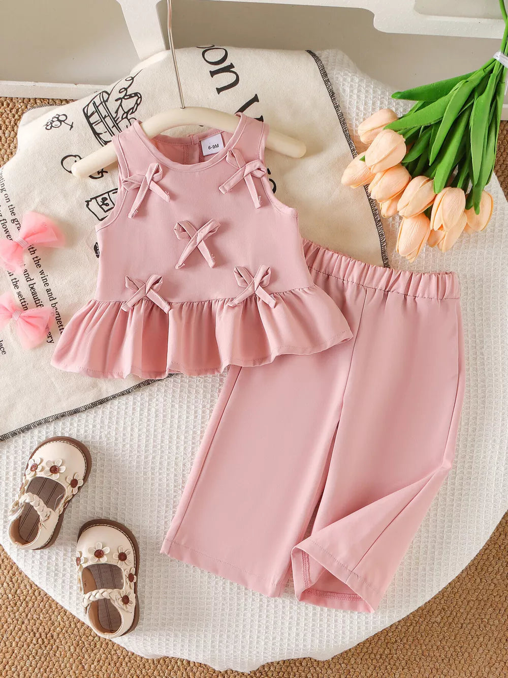 Children's Ruffled Hem Tank And Pants Set in Pink