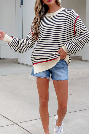 Stripe Ribbed Trim Drop Shoulder Oversized Sweater option 7