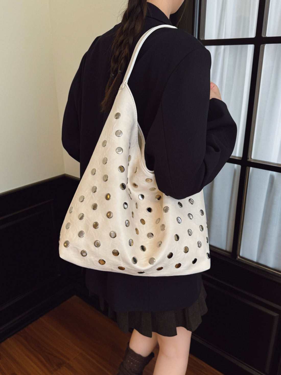 Studded Hobo Shoulder Bag in ivory with studded