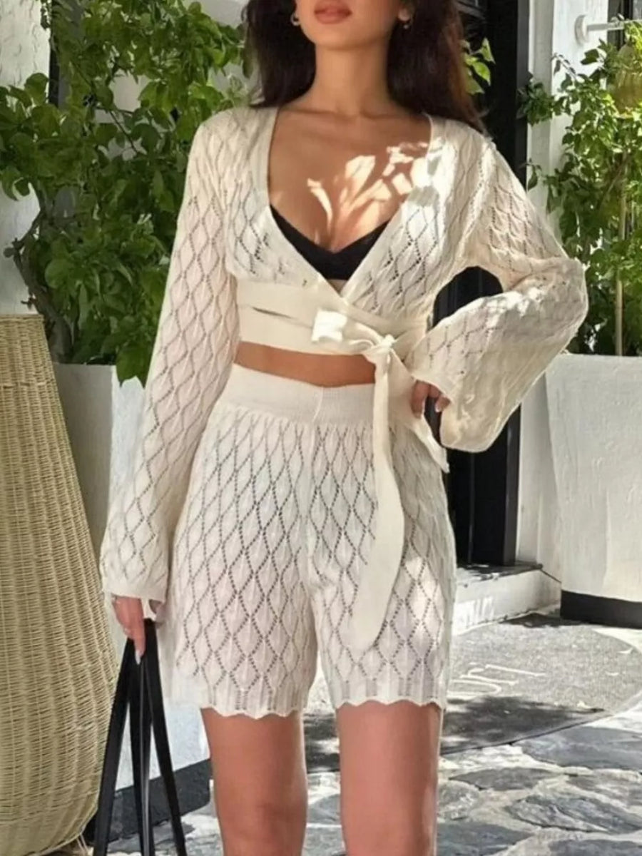Black with Openwork Long Sleeve Top And Shorts Set