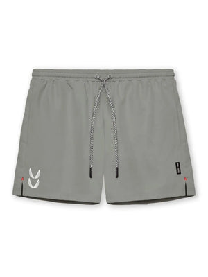 Gray performance jogger shorts with drawcord and logo detail