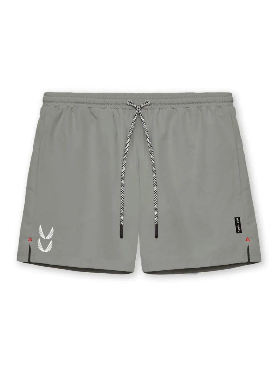 Gray performance jogger shorts with drawcord and logo detail