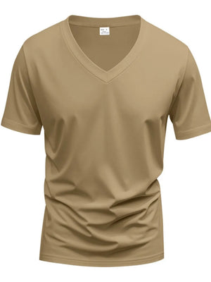 Khaki V-neck t-shirt with short sleeves and a modern muscle fit.