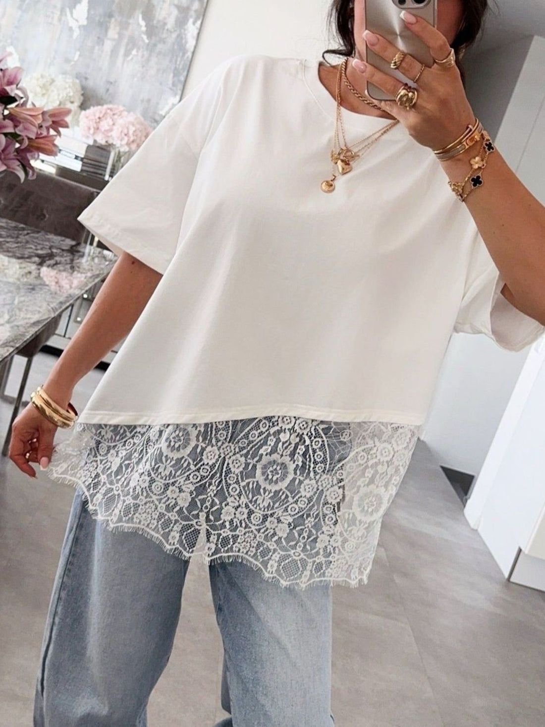 white t-shirt with floral-lace and round neck