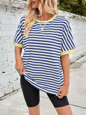 Striped Breton tee with royal blue and white stripes, lemon trim, and crew neck.